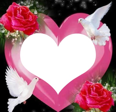 un coeur avec 2 colombes et 2 roses 1 photo フォトモンタージュ