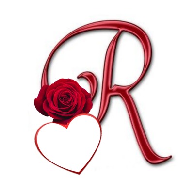 letra R, rosa y corazón rojo. Фотомонтаж