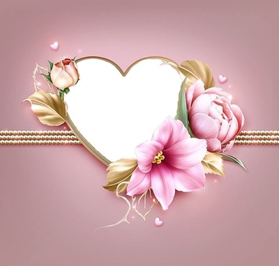 corazón y flores rosadas. Photo frame effect