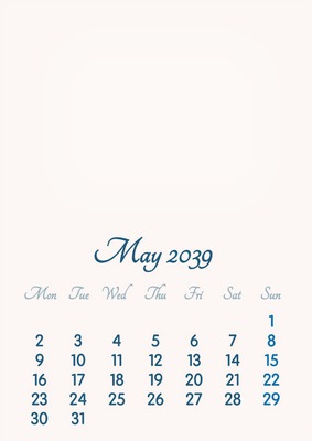 May 2039 // 2019 to 2046 // VIP Calendar // Basic Color // English Photomontage