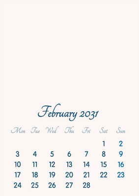 February 2031 // 2019 to 2046 // VIP Calendar // Basic Color // English Fotomontažas
