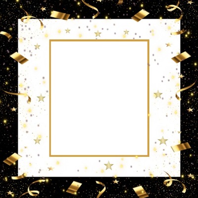 marco negro, festivo, confetis y estrellas doradas. Fotomontage