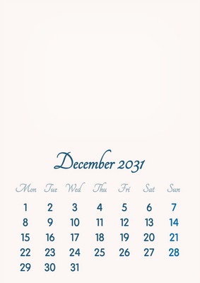 December 2031 // 2019 to 2046 // VIP Calendar // Basic Color // English Fotomontagem