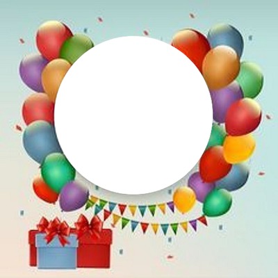 marco cumpleaños, globos, banderines y regalos. Fotomontage