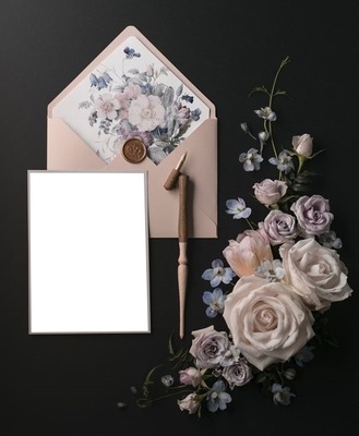 invitación y rosas blancas y lilas. Fotomontasje