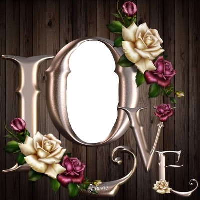 love, letra con rosas, fondo madera. Fotomontage