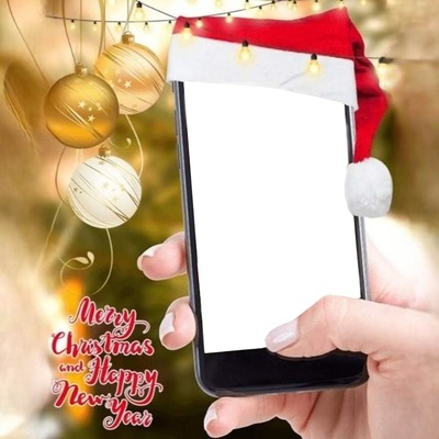 Merry Christmas and Happy New Year, celular. Photo frame effect