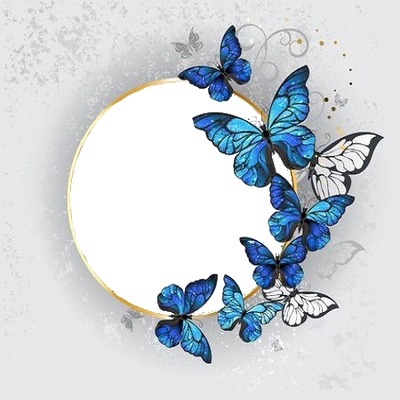 circulo dorado y mariposas azules. Fotomontasje