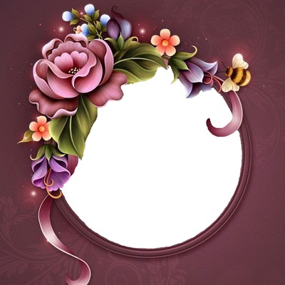 marco circular morado y flores. Fotomontagem