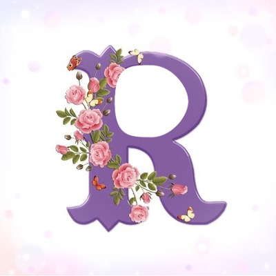 Letra R, color lila, entre rosas,1 foto Fotomontaż