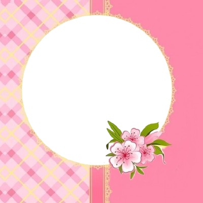 marco circular y flores rosadas. Photo frame effect