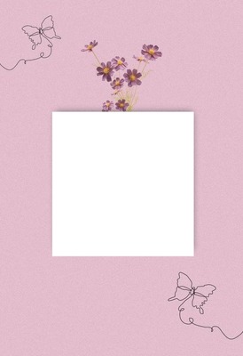 marco, florecillas lila y mariposas. Fotomontaggio