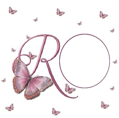 letra R y mariposas, lila. Фотомонтаж