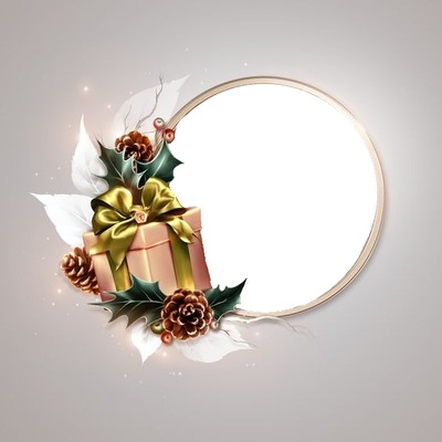 marco circular, flores y regalo. Fotomontáž