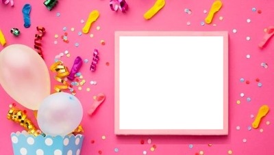 marco cumpleaños, globos y confetis. Fotomontagem