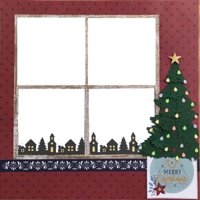Merry Christmas, ventana, árbol, collage 4 fotos. Fotomontaža
