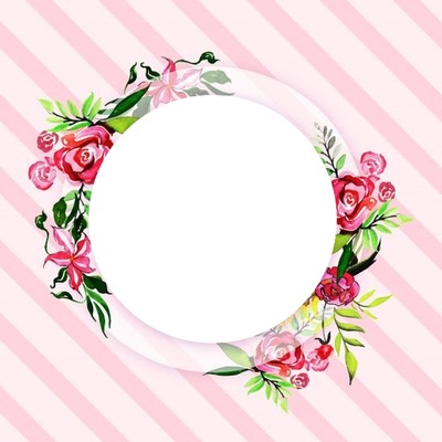 circulo corona de rosas, fondo a rayas rosado, 1 foto. Valokuvamontaasi