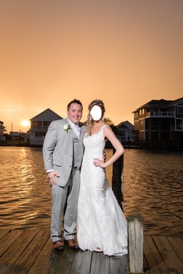 Bride and groom near river Photomontage