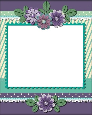 marco verde y flores lila. Fotomontagem