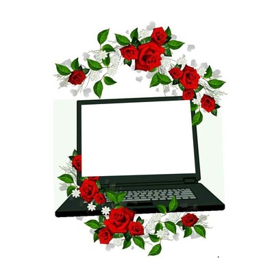 laptop entre rosas rojas, una foto. Фотомонтаж