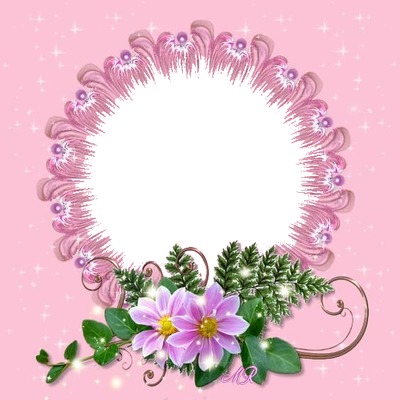 marco y flor lila, fondo rosado. フォトモンタージュ