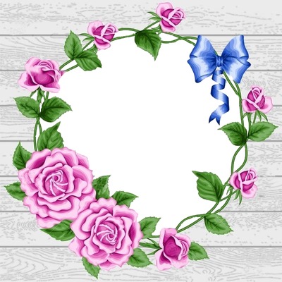 corona de rosas lila y lazo azul. Фотомонтаж