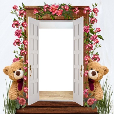 portal, flores y ositos de peluche. Fotomontasje