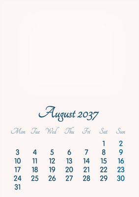 August 2037 // 2019 to 2046 // VIP Calendar // Basic Color // English Photo frame effect