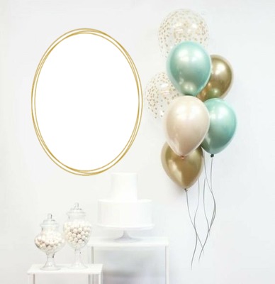 marco para cumpleaños, ovalado, globos, torta, bombones. Montaje fotografico