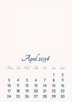 April 2034 // 2019 to 2046 // VIP Calendar // Basic Color // English