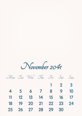 November 2041 // 2019 to 2046 // VIP Calendar // Basic Color // English