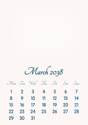March 2038 // 2019 to 2046 // VIP Calendar // Basic Color // English Fotomontaż