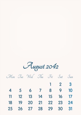 August 2042 // 2019 to 2046 // VIP Calendar // Basic Color // English Fotomontaż