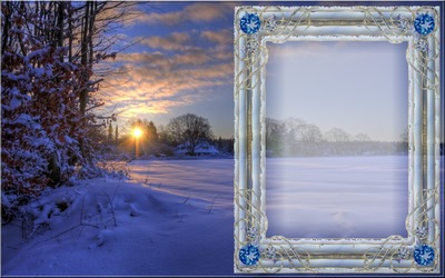 cadre coucher de soleil et neige フォトモンタージュ