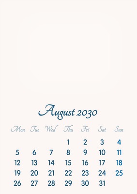August 2030 // 2019 to 2046 // VIP Calendar // Basic Color // English Montaje fotografico