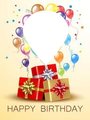 Happy Birthday, regalos, globos, 1 foto. Montaje fotografico