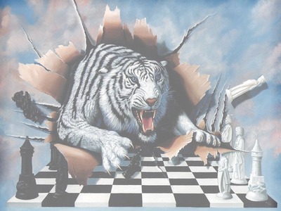 tigre con scacchi dama Fotomontagem