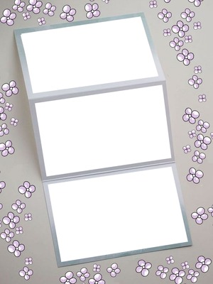 collage, pliegue, 3 fotos, fondo flores lila. Fotomontaža