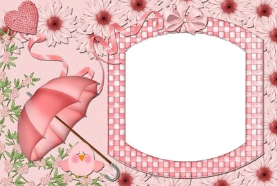 marco, sombrilla, flores y corazón rosados. Fotomontage