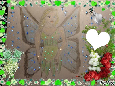 Une fée dessiné par Gino Gibilaro avec coeurs , colombe de la paix , muguet , roses