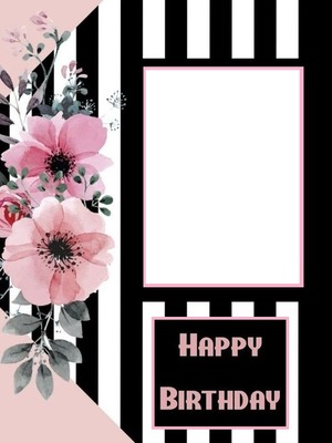 Happy Birthday, detalle flores rosadas. Photo frame effect