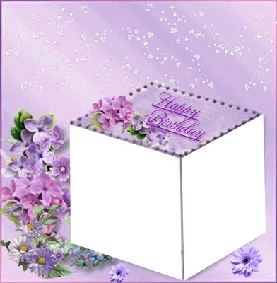 Happy Birthday, cubo, flores lila. Photo frame effect | Pixiz