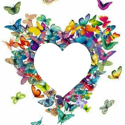 corazón entre mariposas coloridas. Fotomontasje