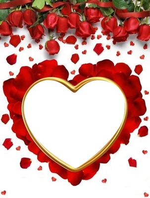 corazón dorado entre pétalos y rosas rojas2. Montage photo