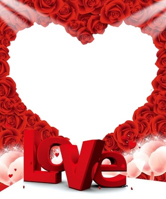 LOVE, corazón de rosas rojas. Fotomontaż