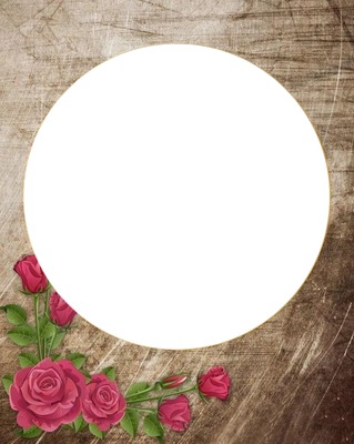 marco circular , fondo madera, detalle rosas. Fotomontāža