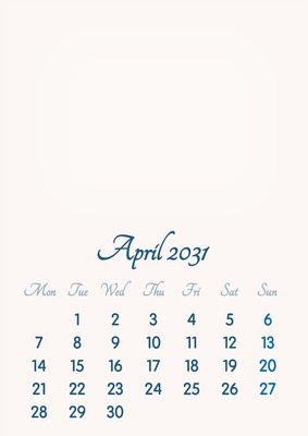 April 2031 // 2019 to 2046 // VIP Calendar // Basic Color // English Photomontage
