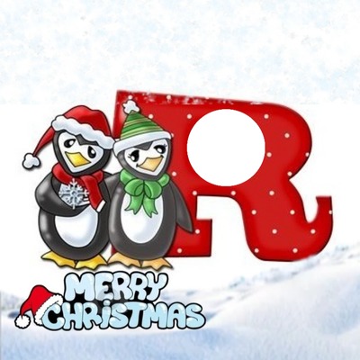 Merry Christmas, letra R y pingüinos. Fotomontáž