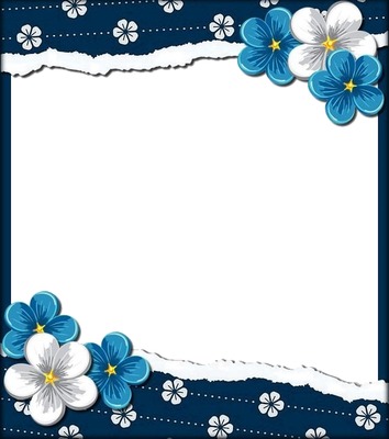 marco y flores azules y blancas.