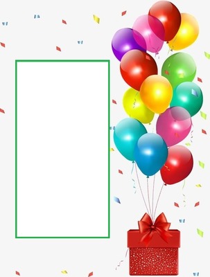 marco cumpleaños, regalo, globos y confites. Fotomontagem
